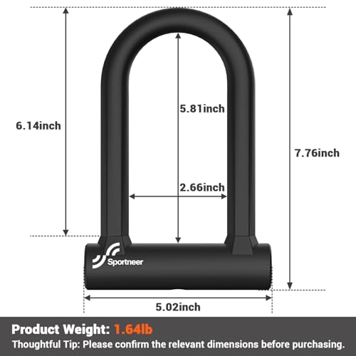 Sportneer Heavy-Duty 17mm Bike U-Lock with 5ft Steel Cable