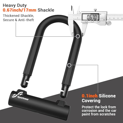 Sportneer Heavy-Duty 17mm Bike U-Lock with 5ft Steel Cable