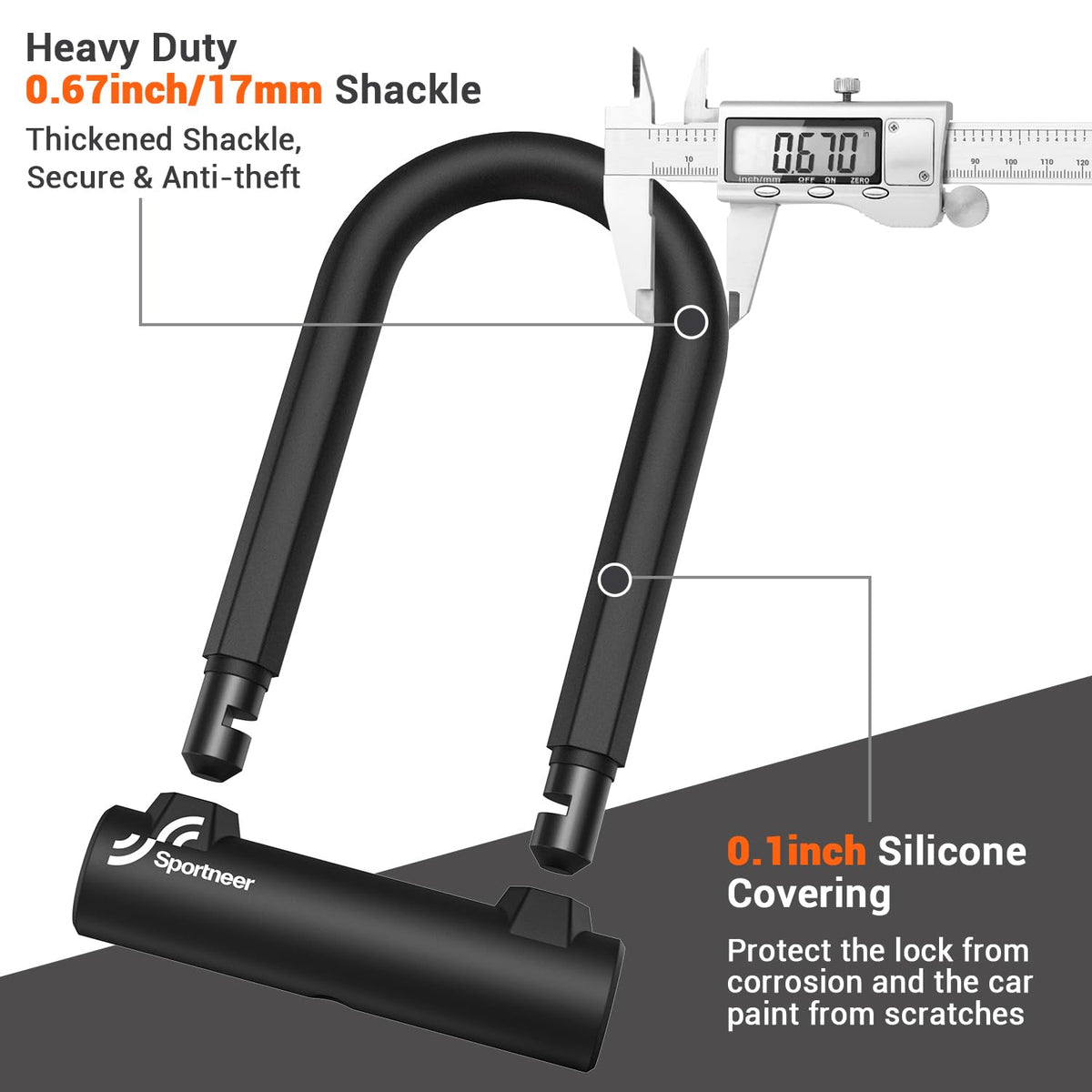 Sportneer Heavy-Duty 17mm Bike U-Lock with 5ft Steel Cable