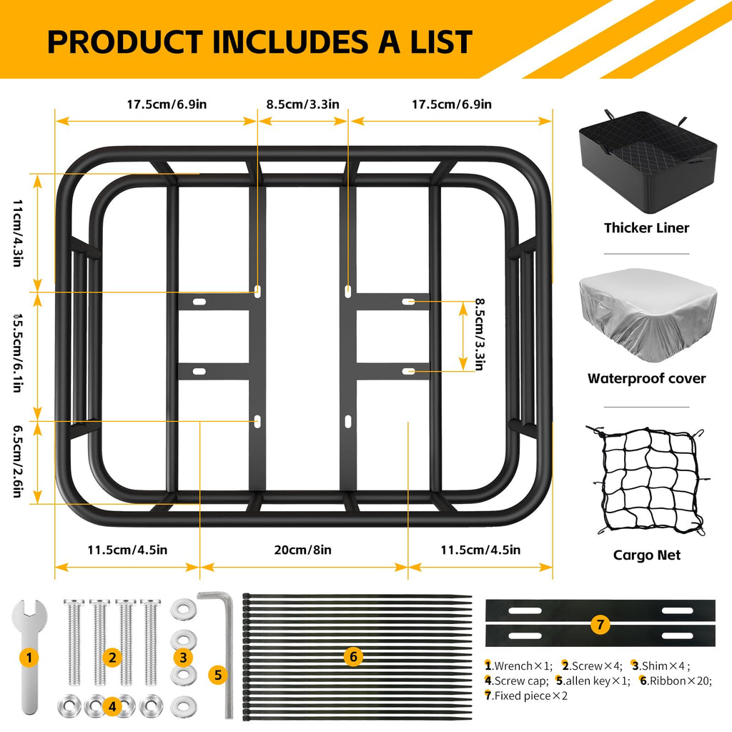 Heavy-Duty Rear Bike Cargo Basket with Waterproof Liner and Net