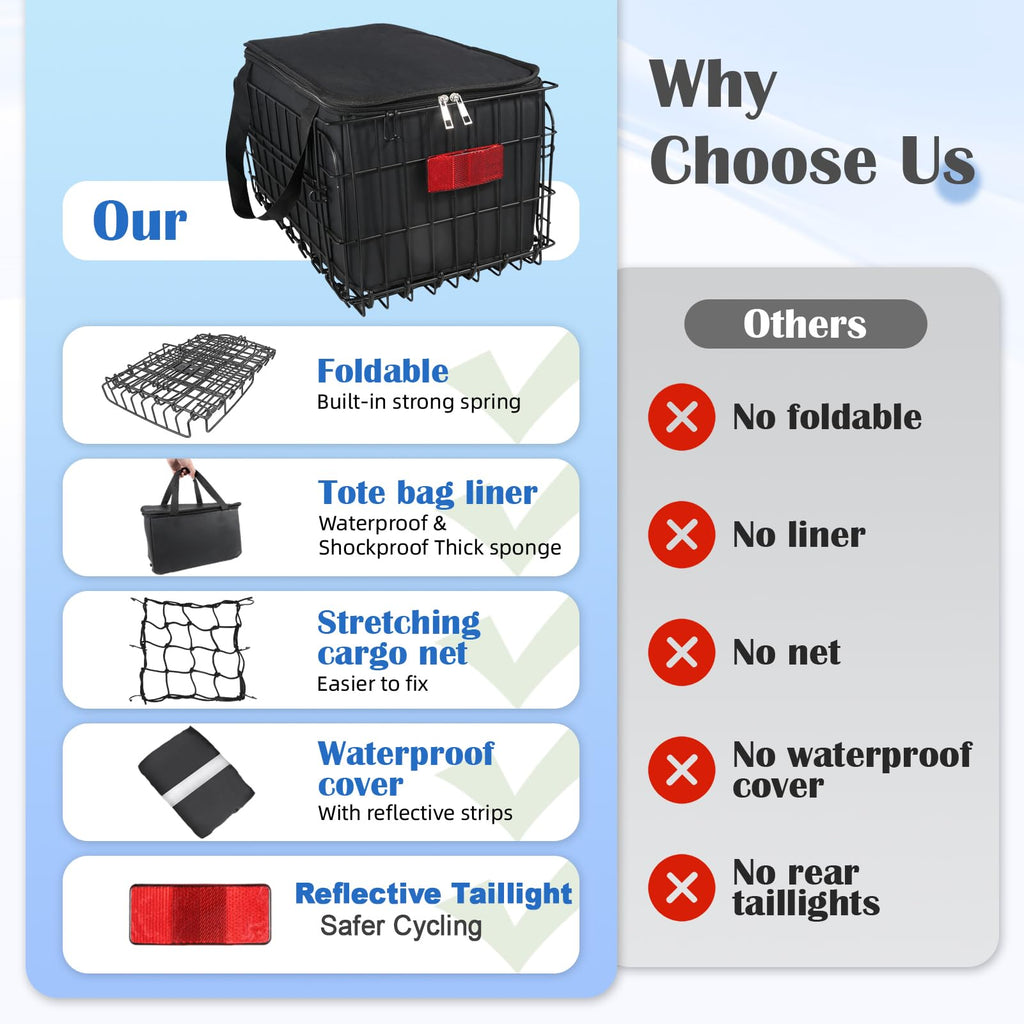 Foldable Rear Bike Basket with Removable Waterproof Liner Bag