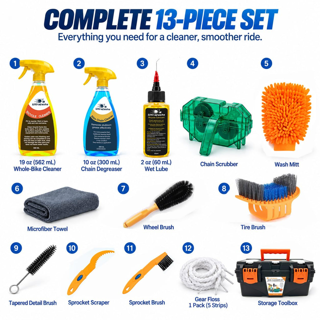 13-Piece Bike Cleaning Kit with Degreaser, Lube & Chain Scrubber