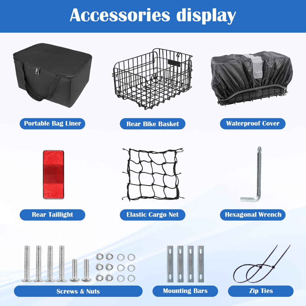 Foldable Rear Bike Basket with Removable Waterproof Liner Bag