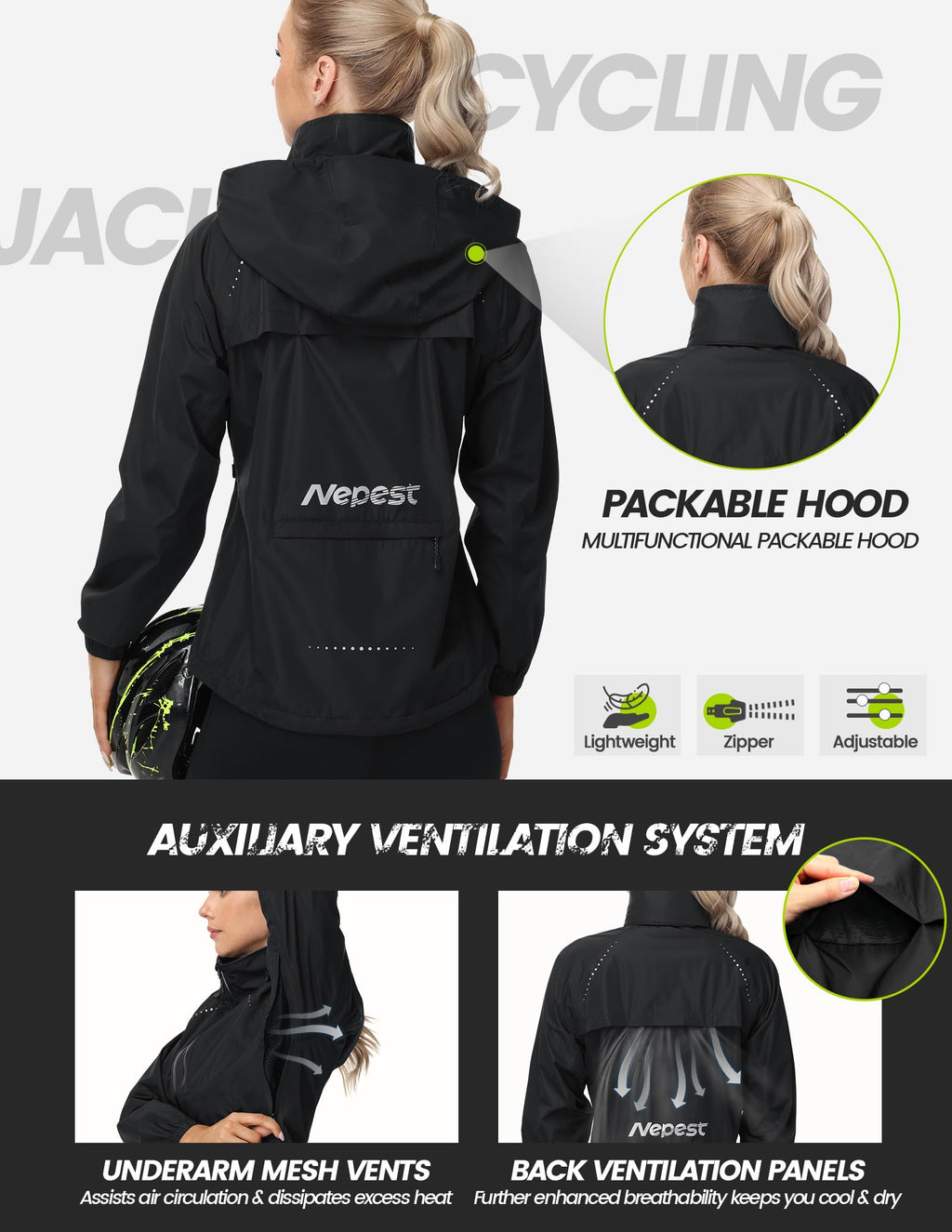 Nepest Women's Hooded Cycling Rain Jacket with UPF 50+