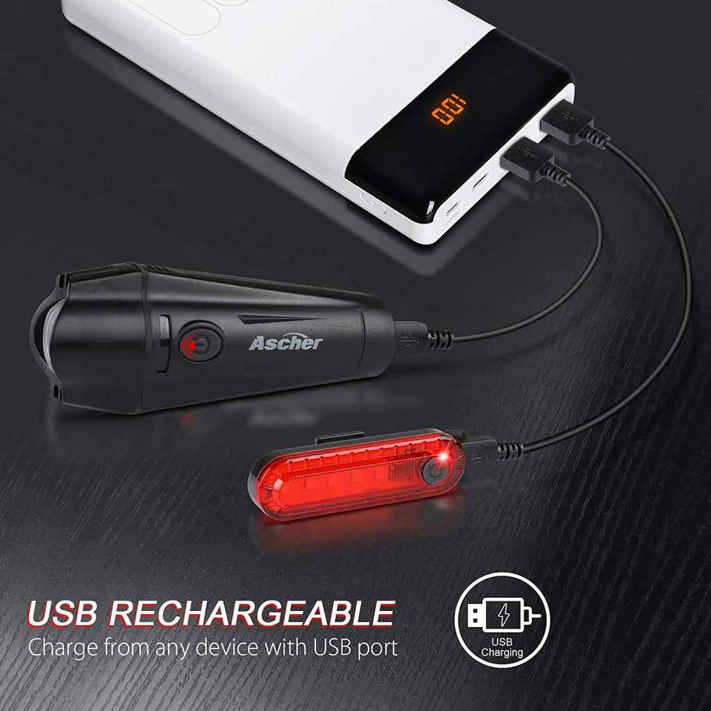 Ascher Ultra Bright USB Rechargeable Front and Rear Bike Light Set