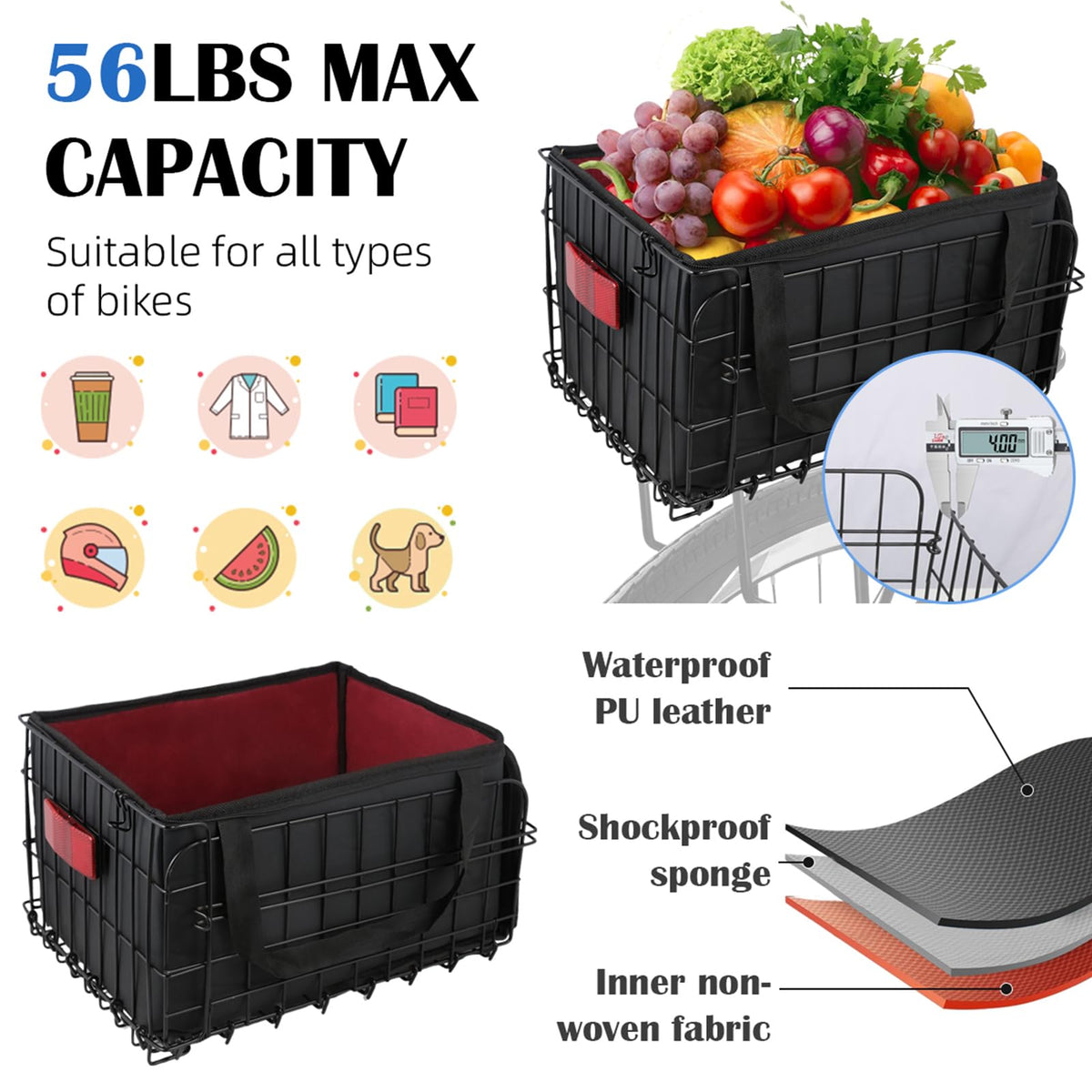 Foldable Rear Bike Basket with Removable Waterproof Liner Bag