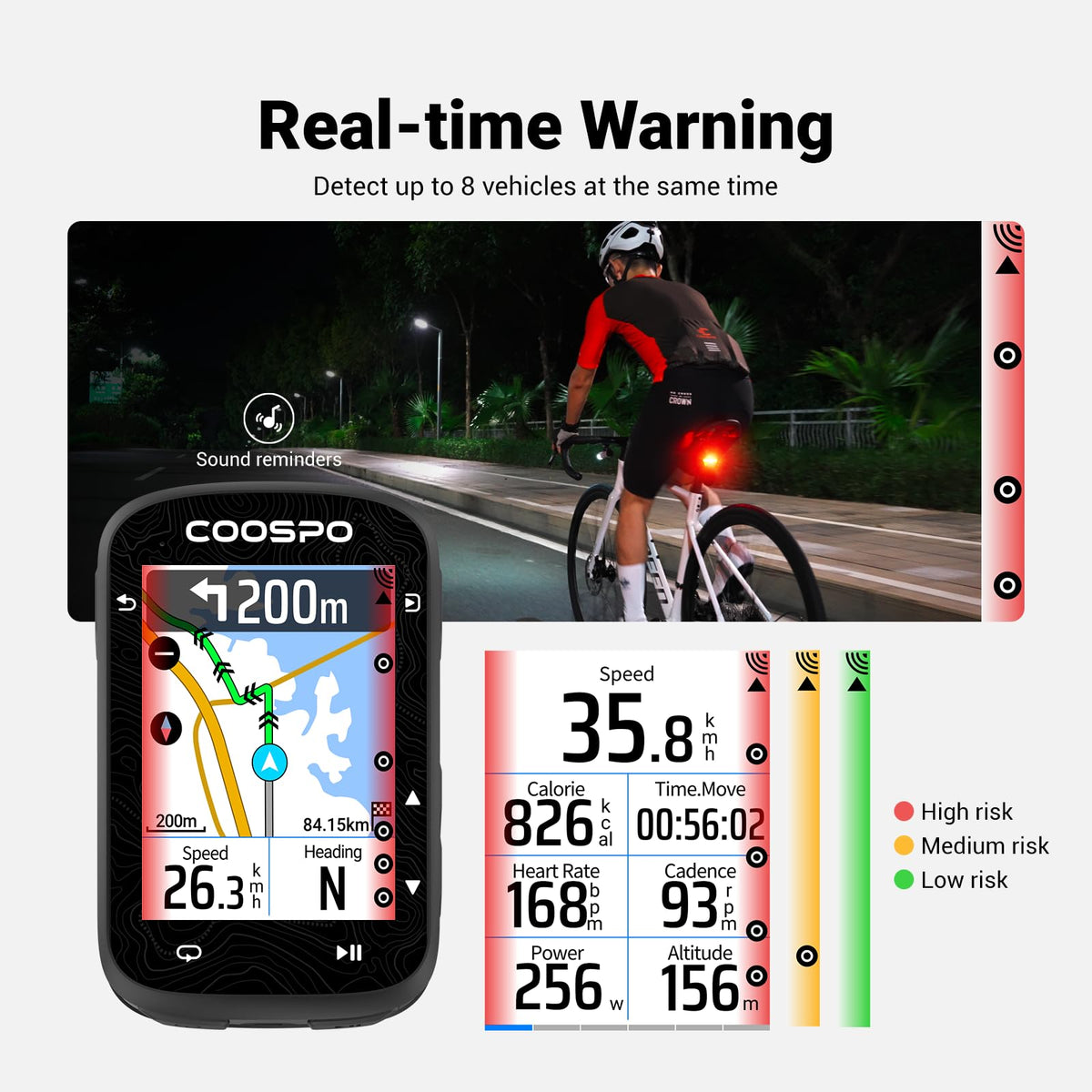 COOSPO TR70 Bike Radar Tail Light with Vehicle Alerts