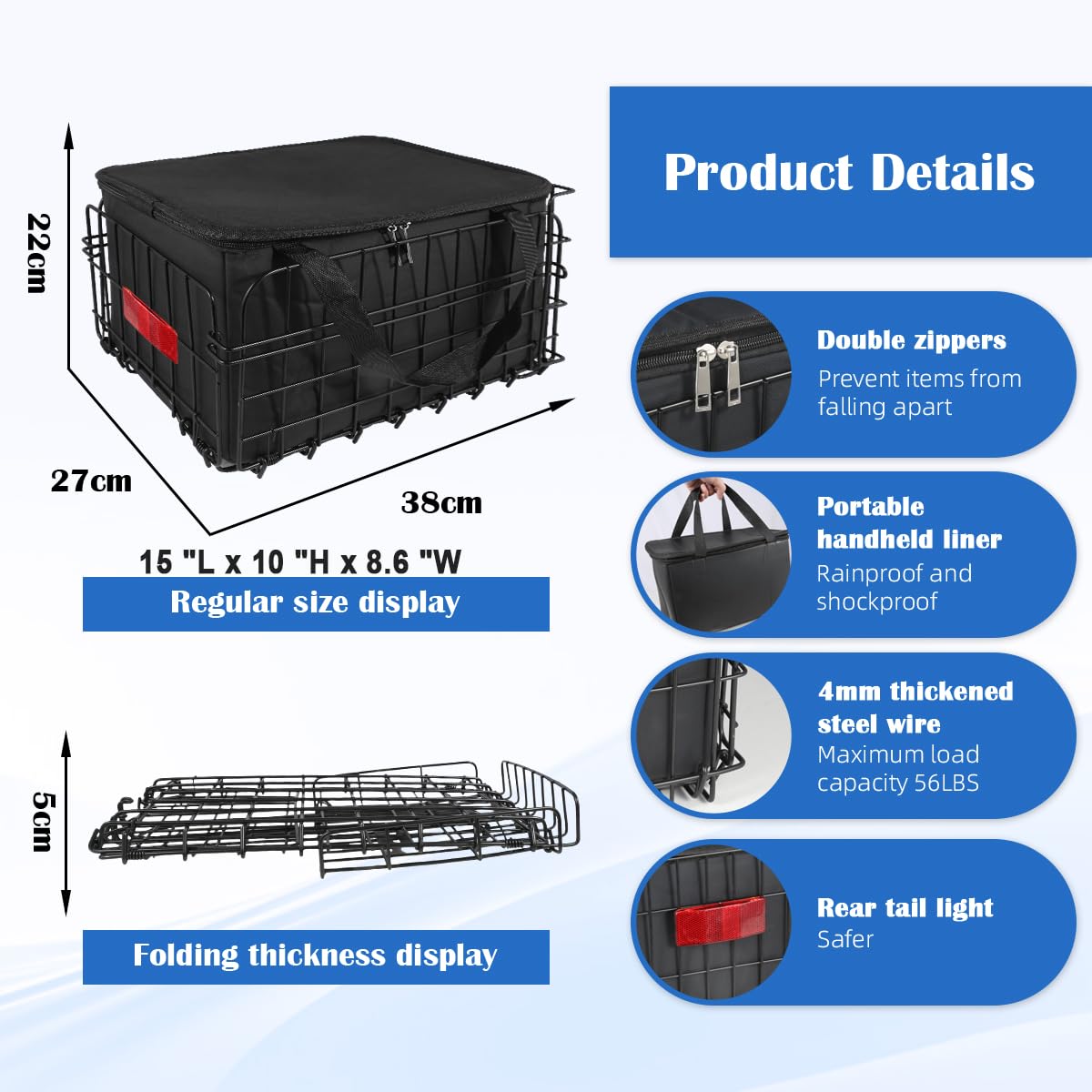 Foldable Rear Bike Basket with Removable Waterproof Liner Bag