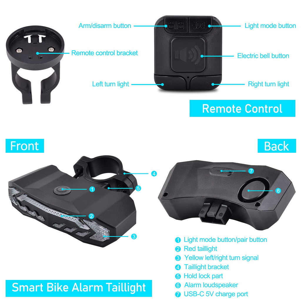 2-Pack USB Rechargeable Bike Alarm Taillights with Turn Signals
