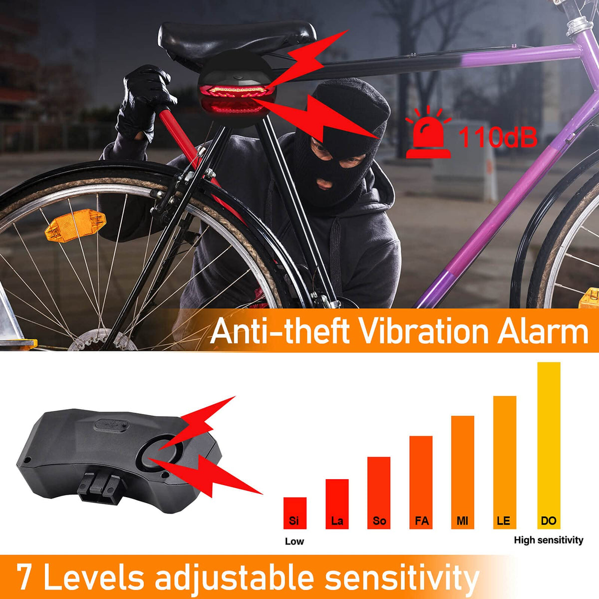 2-Pack USB Rechargeable Bike Alarm Taillights with Turn Signals