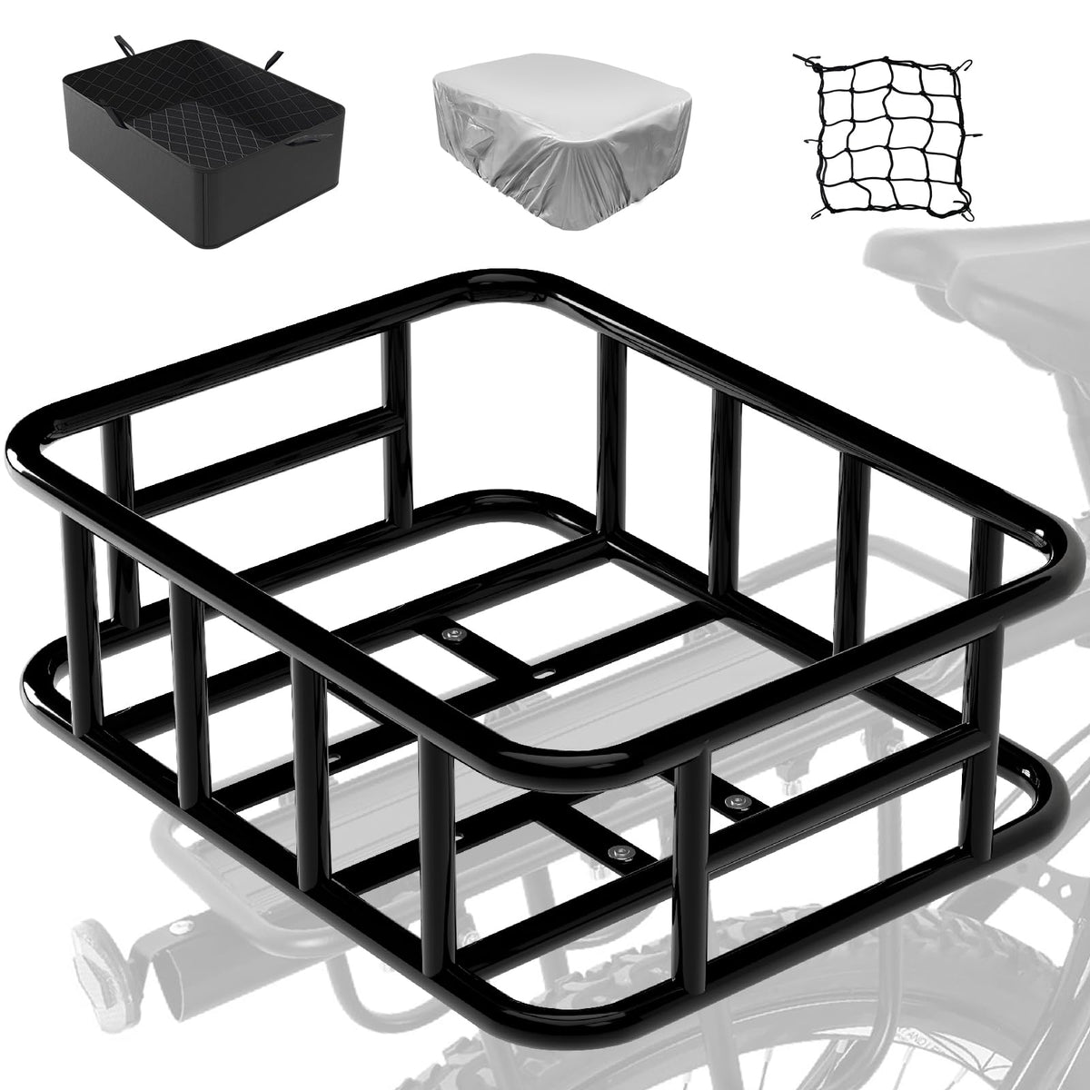 Heavy-Duty Rear Bike Cargo Basket with Waterproof Liner and Net