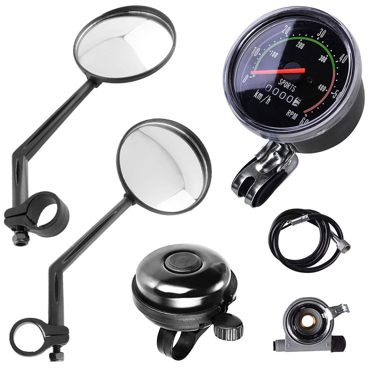 Lomodo 4-Piece Bike Mirror, Speedometer and Bell Set