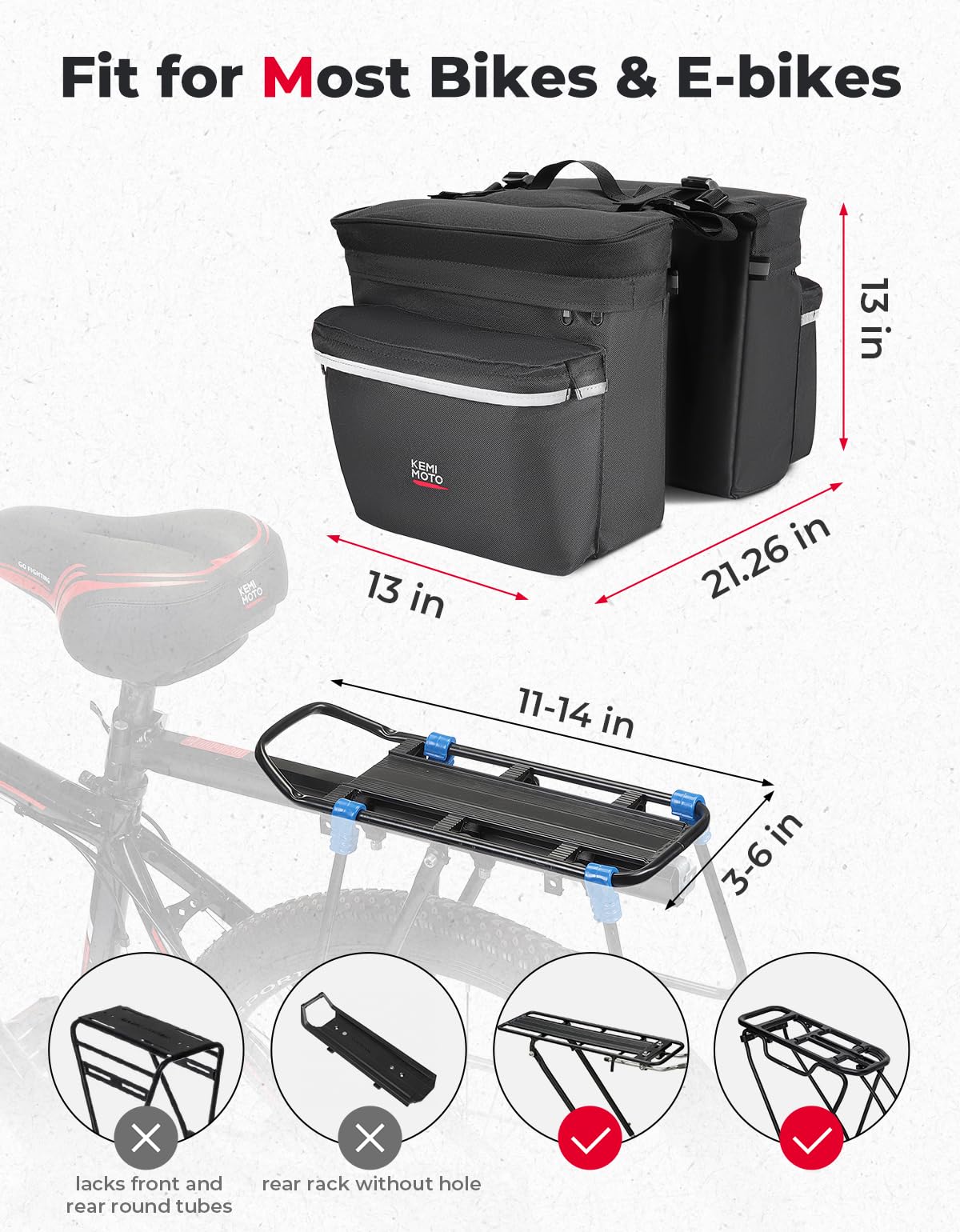 KEMIMOTO Water-Resistant Bike Pannier Bag with Reflective Trim