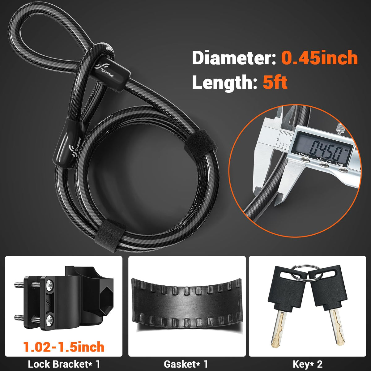 Sportneer Heavy-Duty 17mm Bike U-Lock with 5ft Steel Cable