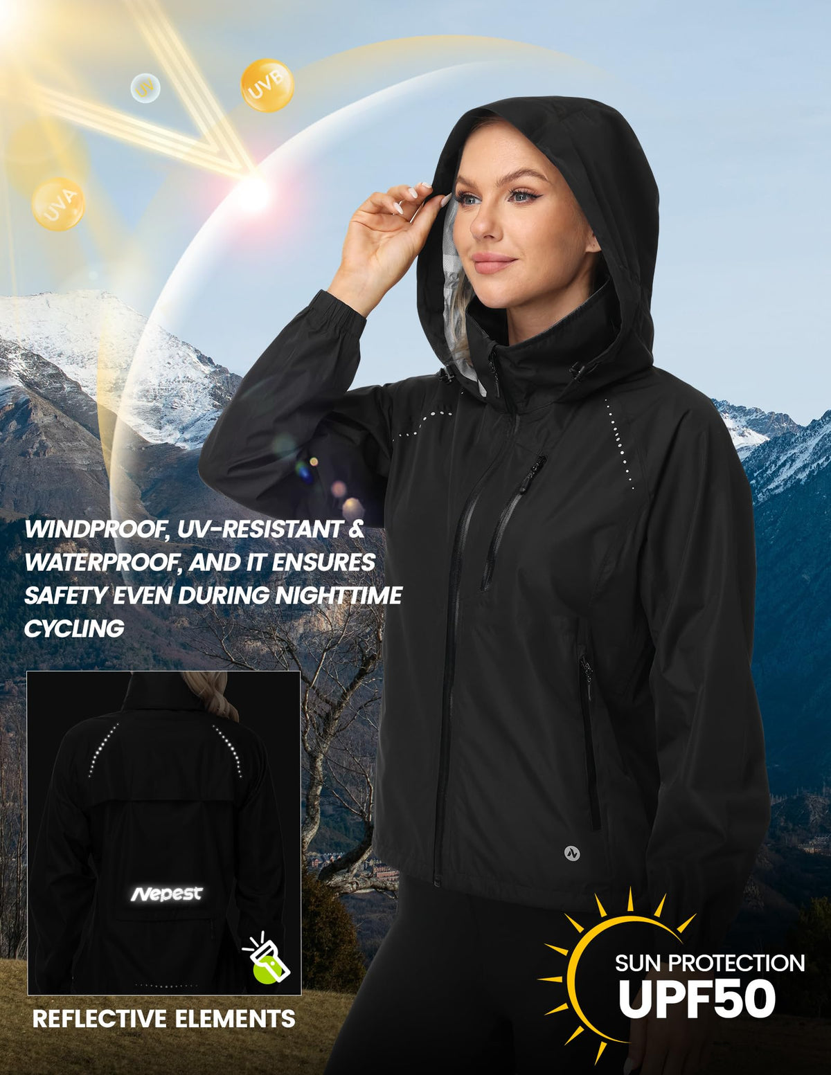 Nepest Women's Hooded Cycling Rain Jacket with UPF 50+