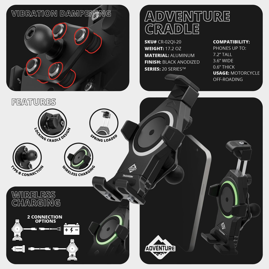 Tackform Aluminum Motorcycle Phone Mount with Wireless Charging