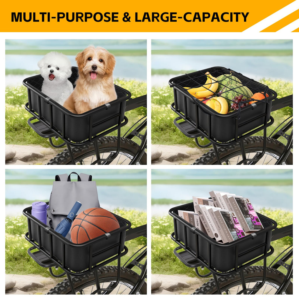 Heavy-Duty Rear Bike Cargo Basket with Waterproof Liner and Net